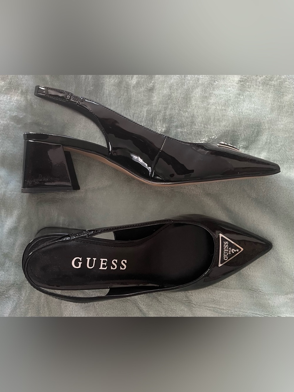 GUESS Zanda Black Patent Slingback Block Heel Pumps
